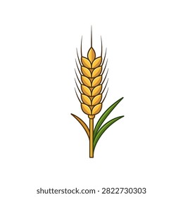 A simplified vector illustration of a golden wheat stalk with green leaves, designed as a clean icon for agricultural or organic food themes.