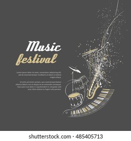 Simplified vector illustration - Music. Notes, lines, musical instruments.