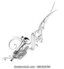 Simplified vector illustration - Music. Notes, lines, trumpet.