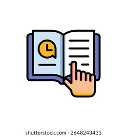 Simplified vector illustration of open instruction book with hand pointing out information. Flat design style with thick outlines.