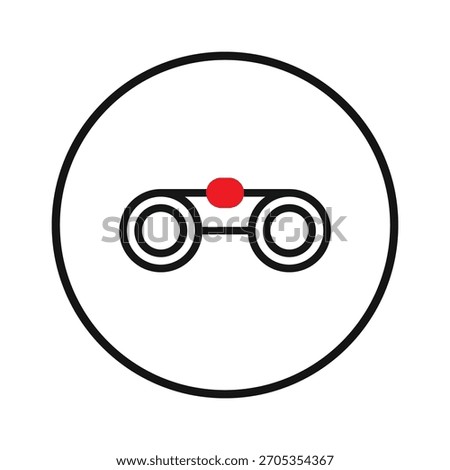Simplified vector illustration of an optical instrument, possibly representing binoculars or a similar viewing device, enclosed within a circular frame. Features a notable red dot, emphasizing