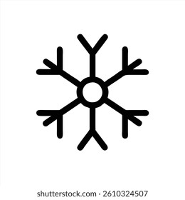 A simplified vector illustration of a snowflake, featuring symmetrical arms and a circular center. Ideal for winter themed projects and designs, conveying a sense of the season.