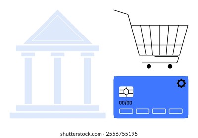 Simplified vector image showing a bank building, a shopping cart, and a credit card. Ideal for e-commerce, online banking, retail, digital payments, and financial services. Minimalist flat style
