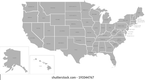 Simplified vector map of United States of America with full names of states