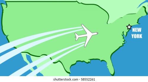 Simplified vector map of USA with airplane inflight to destination New York