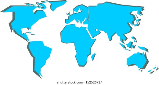Simplified vector map of World. Blue land with simple gray shadow on white background.