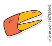 A simplified vector style illustration of a happy bird head with an orange face and a large yellow beak in a doodle sticker design.