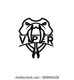 simplified viper snake head with big fangs and simple viper letter line outline logo icon design isolated background