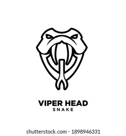 simplified viper snake head with big fangs line outline logo icon design isolated background