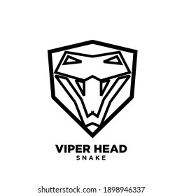 simplified viper snake head with big fangs and shield line outline logo icon design isolated background