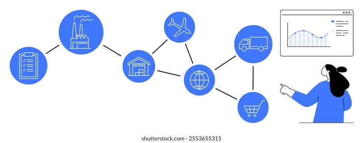 Simplified visual representation of the supply chain process from factory to market analysis, including manufacturing, warehousing, air and truck transport, and shopping. Ideal for logistics