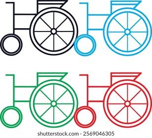 Simplified wheelchair icons, minimalist design, black blue green red color variants, geometric shapes, accessibility symbols, flat vector graphics, medical equipment icons, mobility aids, assistive te