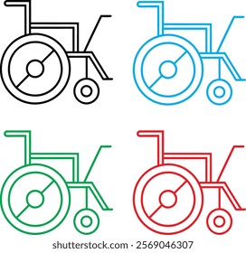 Simplified wheelchair icons, minimalist design, black blue green red color variants, geometric shapes, accessibility symbols, flat vector graphics, medical equipment icons, mobility aids, assistive te