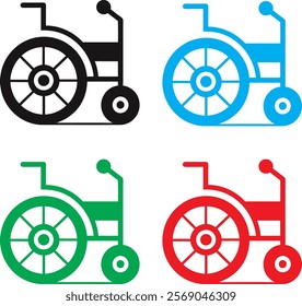 Simplified wheelchair icons, minimalist design, black blue green red color variants, geometric shapes, accessibility symbols, flat vector graphics, medical equipment icons, mobility aids, assistive te