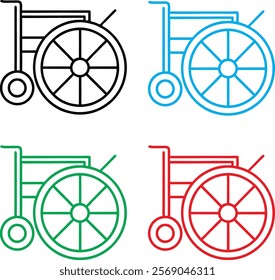 Simplified wheelchair icons, minimalist design, black blue green red color variants, geometric shapes, accessibility symbols, flat vector graphics, medical equipment icons, mobility aids, assistive te