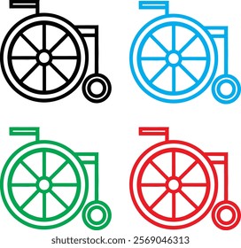 Simplified wheelchair icons, minimalist design, black blue green red color variants, geometric shapes, accessibility symbols, flat vector graphics, medical equipment icons, mobility aids, assistive te