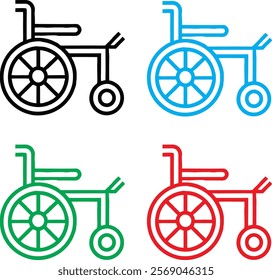 Simplified wheelchair icons, minimalist design, black blue green red color variants, geometric shapes, accessibility symbols, flat vector graphics, medical equipment icons, mobility aids, assistive te