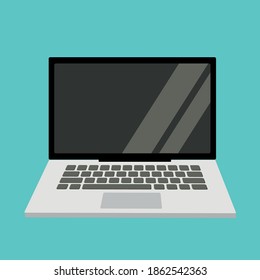 Simplified white laptop with dark gray buttons and shiny blank screen. Square teal background. Notebook business icon. Vector EPS 8.