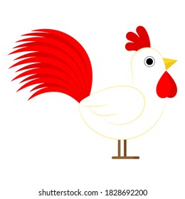 Simplified White Rooster Red Tail Animal Cartoon Character Isolated On White Background