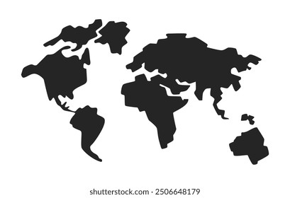 Simplified world map black and white 2D line object. Natural science course. Geography class educative materials isolated vector outline item. Silhouette plan monochromatic flat spot illustration