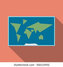 Simplified world map with blue ocean and green land on orange background with long drop shadow. Flat style. EPS 8 vector illustration, no transparency