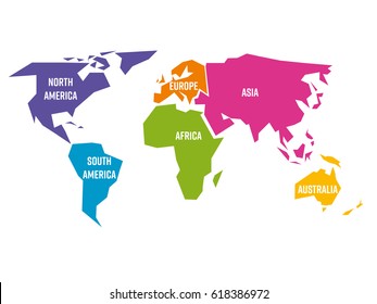 Simplified world map divided to six continents - South America, North America, Africa, Europe, Asia and Australia - in different colors, on white background and with white lables. Simple flat vector