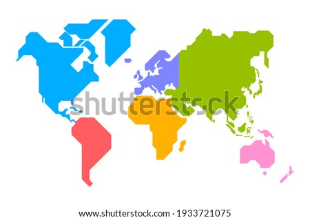 Simplified world map drawn with sharp straight lines (different colors for each continent) 