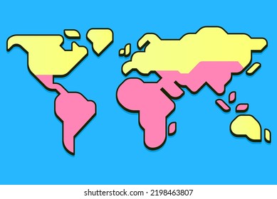 Simplified world map with Global North and Global South divide. Modern flat vector infographic, clip art illustration.