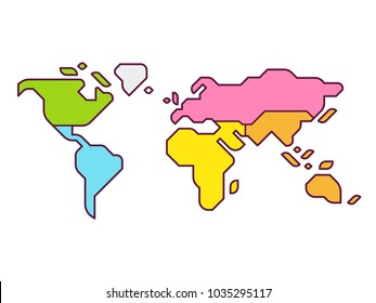 Simplified world map infographic with continents in different color. Modern flat vector style illustration.