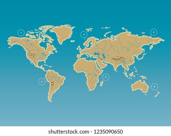 Simplified world map with rivers and mountains. Flat design and label on the map