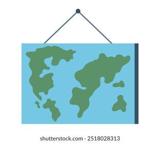 Mapa de mundo simplificado ilustração vetor pendurado em moldura na parede, continentes mares e oceanos. As mudanças climáticas continuam a ameaçar o planeta Terra, proteger as gerações futuras. Cartografia e geografia