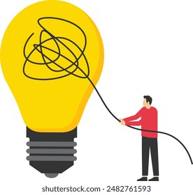 Simplify complex business idea, the solution to messy mess situation concept, outline or solve a business problem, smart businessman uncover messy business idea light bulb or simplification problem.