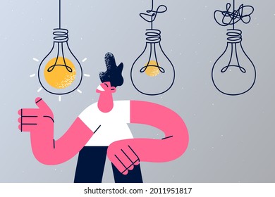 Simplify complex and clear idea concept. Smiling man cartoon character standing with various light bulbs hanging behind for right management vector illustration