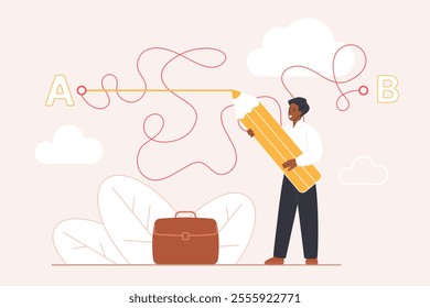 Simplify complex task, solve problem in simple way, simplicity of innovation solution. Tiny man with briefcase holding pencil to draw straight line from point A to B cartoon vector illustration