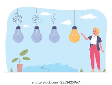 Simplify difficult project. Woman manager simplificate complex tasks, business mind process right easy solution messy path way to hard goal or success idea vector illustration original artwork