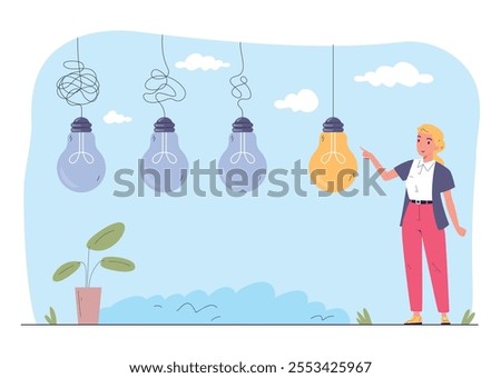 Simplify difficult project. Woman manager simplificate complex tasks, business mind process right easy solution messy path way to hard goal or success idea vector illustration original artwork