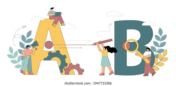Simplify the hard difficult path. Moving from point A to point B. Little people draw a straight line with a pencil. Search for simple solutions. Vector illustration isolated on white background.