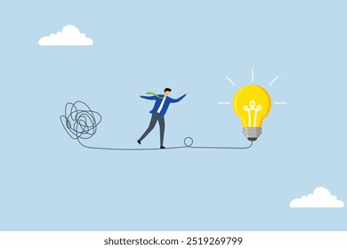 Simplify idea to find solution, businessman is leaving behind a chaotic mess and heading towards a simple idea represented by a lightbulb