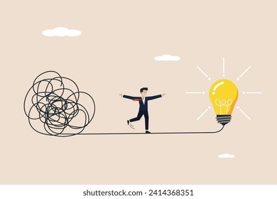 Simplify idea to find solution, creativity to solve problem, discover easy way to understand concept, smart businessman walking away from mess chaos line to simple lightbulb idea.