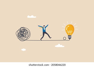Simplify idea to find solution, thinking process or creativity to solve problem, discover easy way to understand concept, smart businessman walking away from mess chaos line to simple lightbulb idea. - Shutterstock ID 2058046220