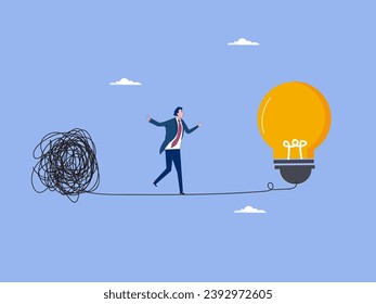 Simplify idea to find solution, thinking process or creativity to solve problem, discover easy way to understand concept, smart businessman walking away from mess chaos line to simple light  idea.
