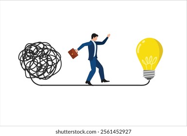 Simplify idea to find solution, thinking process or creativity to solve problem, discover easy way to understand concept, smart businessman walking away from mess chaos line to simple lightbulb idea.
