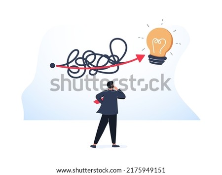 Simplify idea to find solution, thinking process or creativity to solve problem, discover easy way to understand concept, smart businessman walking away from mess chaos line to simple lightbulb idea.