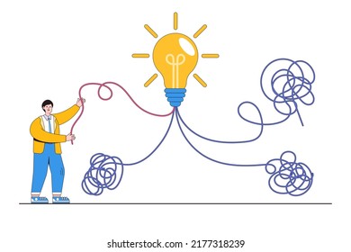 Simplify idea to find solution, thought process or creativity to solve issue, discover easy way to understand concepts. Smart businessman solving from mess chaos line to simple lightbulb idea.