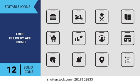 Simplify mobile e commerce platforms using food ordering solid graphics illustrating digital restaurant menus online shopping carts and mobile payment screens.