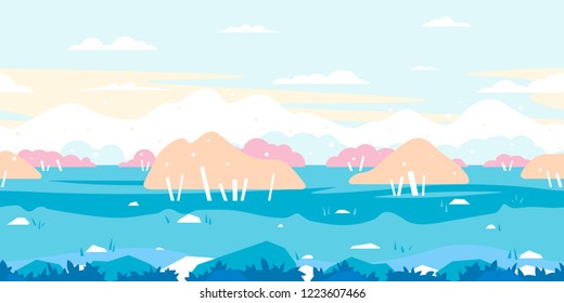 Simplify orange birch trees and bushes in field, green grass with plants and mountains in summer, nature game background in simple colors and flat style, tileable horizontally
