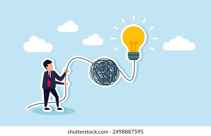 Simplifying complex business ideas to find solutions for chaotic situations, concept of Smart businessman untangles a messy line of ideas, simplifying problems to spark new solutions