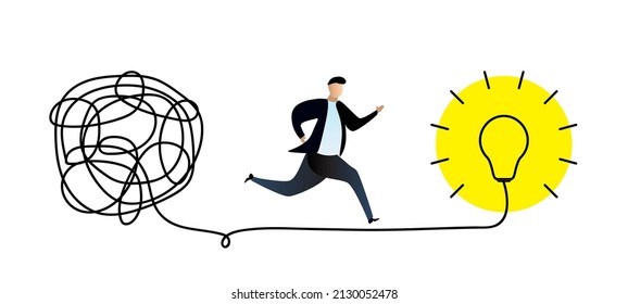 Simplifying the complex, confusion and clarity businessman, path vector idea concept with lightbulbs. Simplification streamlining process, straight and curve vector illustration