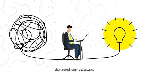 Simplifying the complex, confusion and clarity businessman, path vector idea concept with lightbulbs. Simplification streamlining process, straight and curve vector illustration