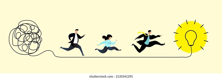 Simplifying the complex, confusion and clarity businessman, path vector idea concept with lightbulbs. Simplification streamlining process, straight and curve vector illustration